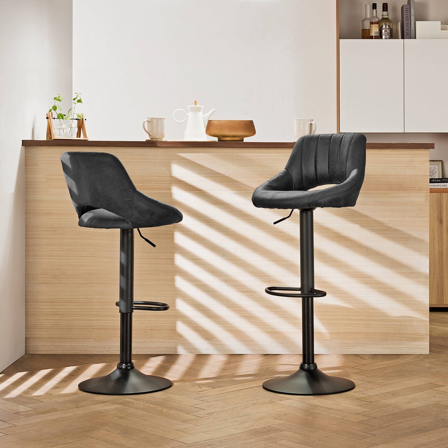 Art Leon Modern Adjustable 360 Swivel Bar Stools With Retro Pu Leather Open Backrest, Black (Set Of 2)