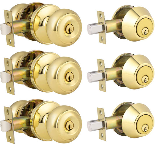 5 Pack Keyed Alike Entry Door Knob And Single Cylinder Deadbolt Lock Combo Set, Front Door Entry Knobs Lockset And Deadbolt Combination Set, Keyed