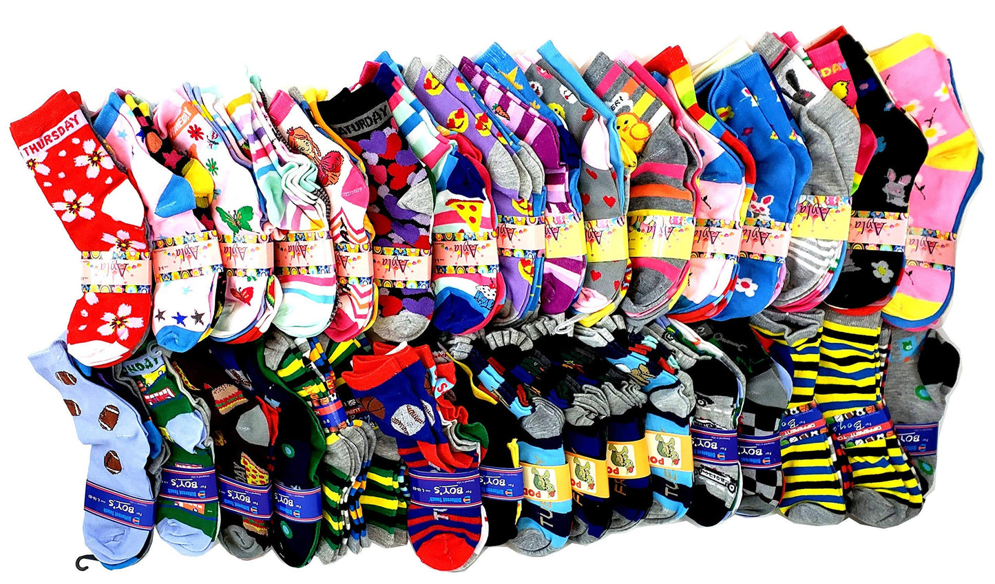 100 Pairs Wholesale Lot Kids Girls Boys Assorted Novelty Design Crew Socks