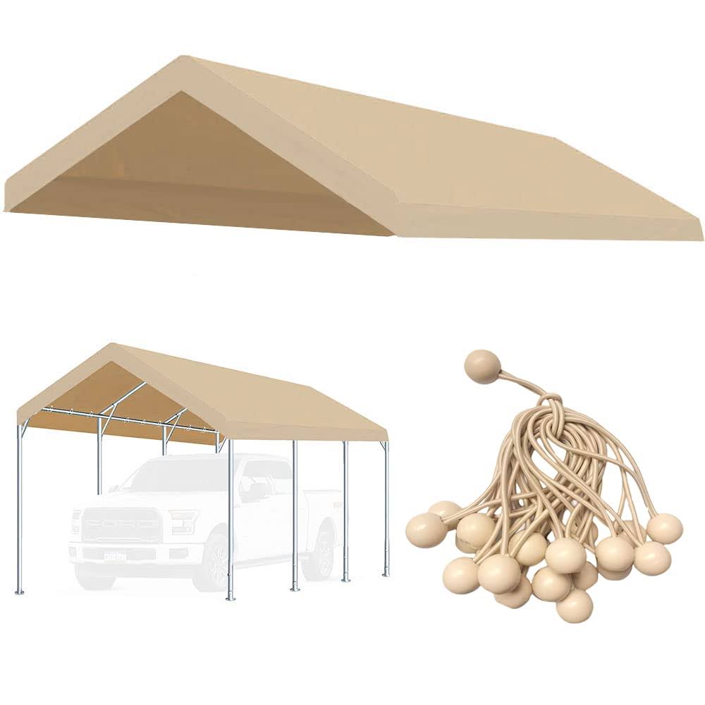 10 X20 Upgraded Carport Replacement Top Canopy Cover For Car Garage Shelter Tent Party Tent With Ball Bungees White (Only Top Cover, Frame Is Not