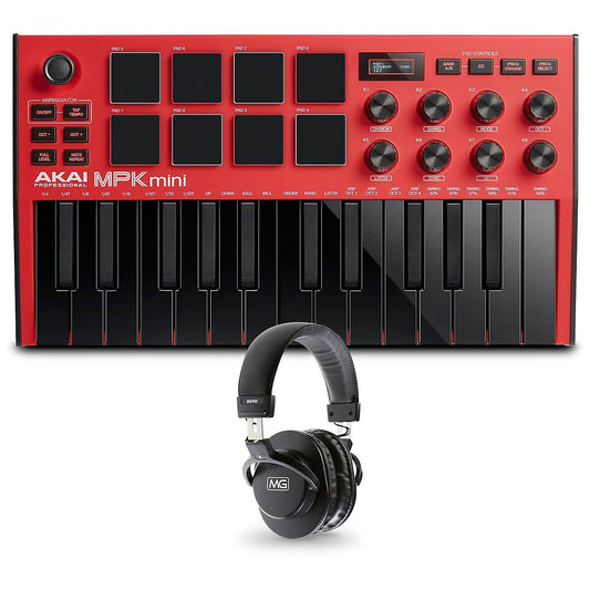 Akai Professional Mpk Mini Mk3 Red Keyboard Controller And Headphones