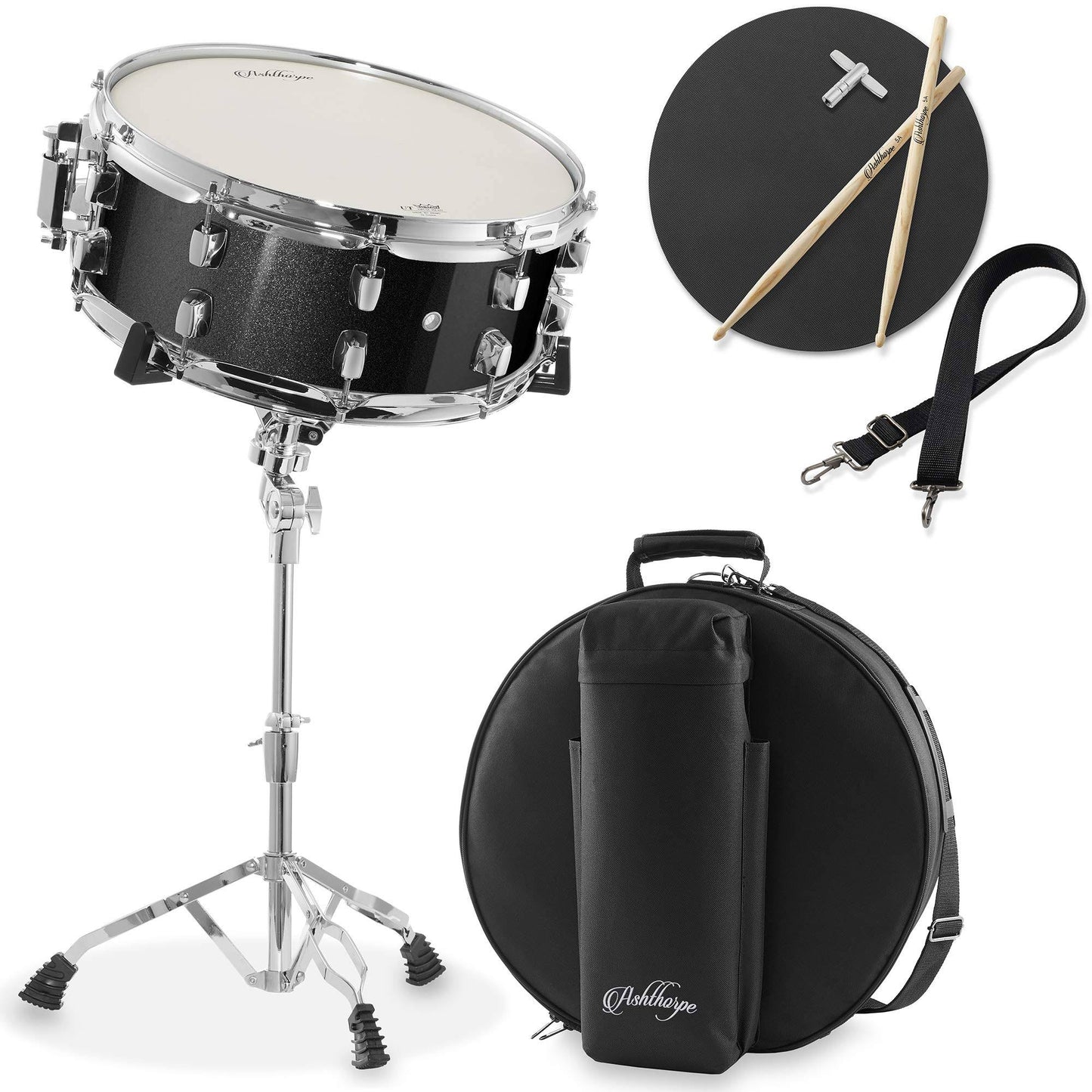 Ashthorpe Snare Drum Set With Remo Head - Black, Beginner Kit With Stand And Padded Gig Bag