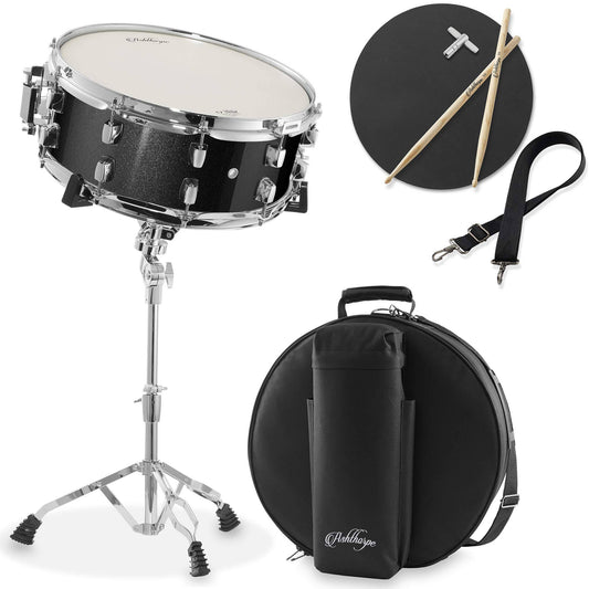 Ashthorpe Snare Drum Set With Remo Head - Black, Beginner Kit With Stand And Padded Gig Bag