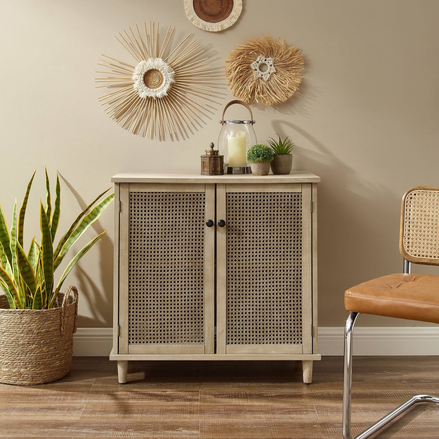 Art Leon Home Sideboard Buffet Cabinet Rattan Decoration Wood Finish Beige