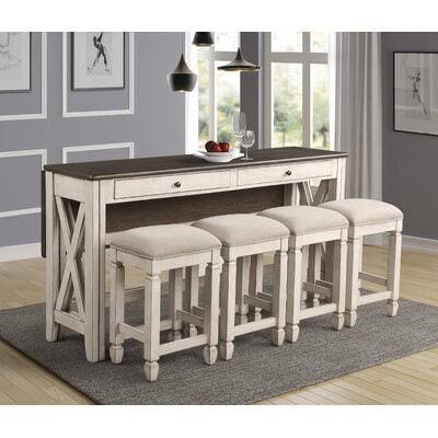 5 Piece Two Tone Counter Dining Table With Drop Leaf And 4 Stools In , Drop Leaf Gracie Oaks