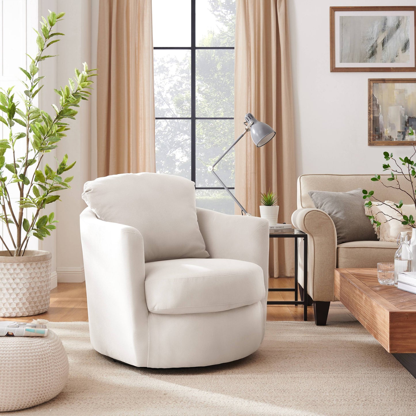 Art Leon Modern Comfortable Corduroy Fabric Swivel Barrel Accent Chair - Ivory