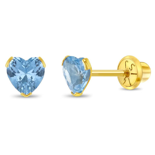 Baby Girls Birthstone Cz Heart Screw Back 14k Gold Earrings - Aqua Blue - In Season Jewelry