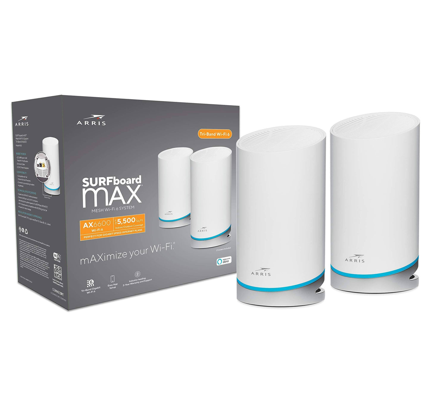 Arris Surfboard Max W21 Tri-Band Mesh Ready Wi-Fi 6 Router, Ax6600 Wi-Fi Speeds Up To 6.6 Gbps, Coverage Up To 2,750 Sq Ft, 1 Router, Two 1 Gbps