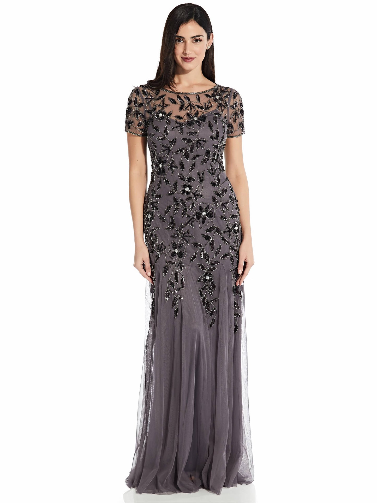 Adrianna Papell Women s Floral Beaded Godet Gown, Night Plum, 16