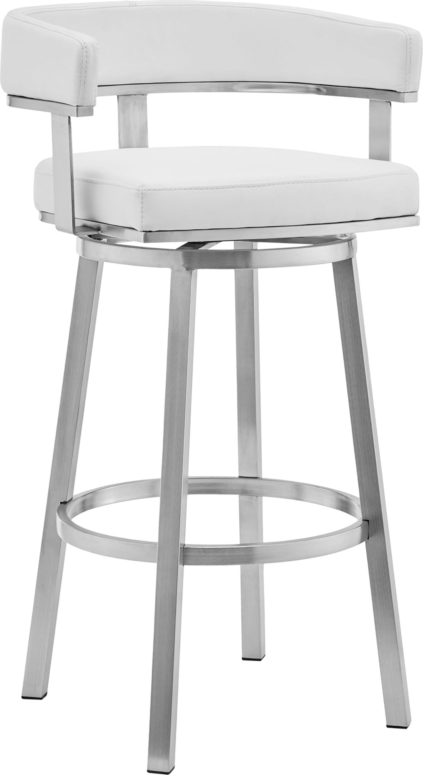 Armen Living Cohen 26 Counter Height Swivel Bar Stool In Silver Finish With White Faux Leather