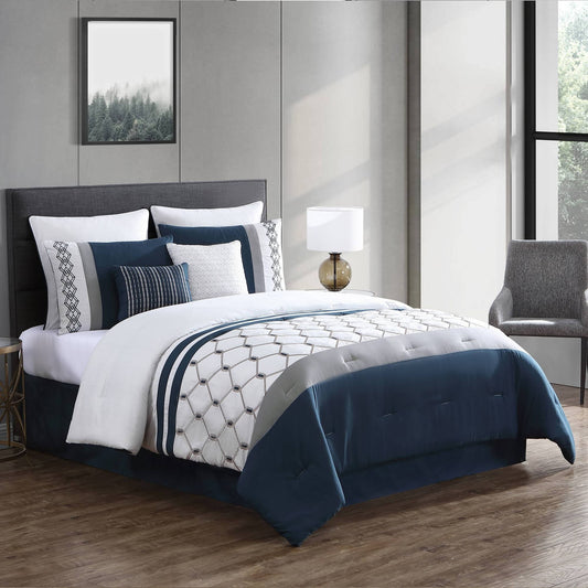 8pc Queen Ellison Embroidered Colorblock Comforter Bedding Set - Dark Teal