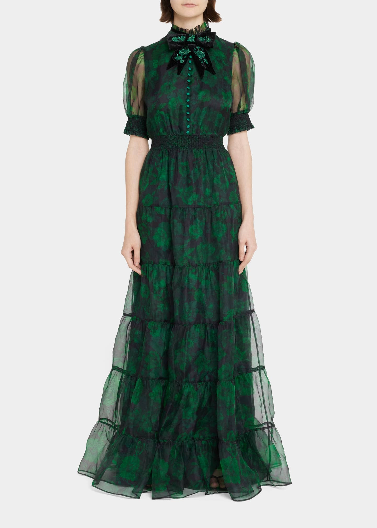 Alice + Olivia Coletta Bow-Neck Button-Front Maxi Dress, Cloud Floral Bord, Women s, 4, Casual & Work Dresses Maxi Dresses