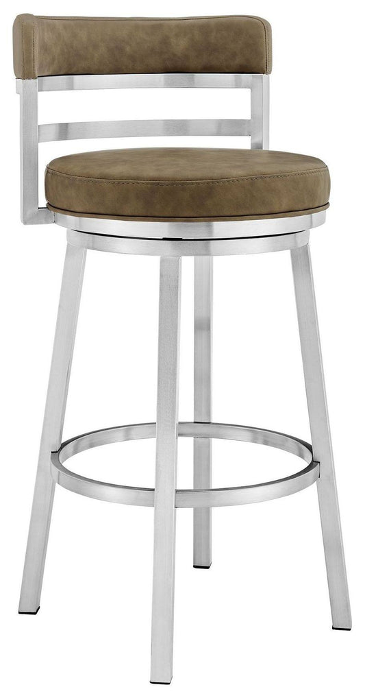 Armen Living Madrid Contemporary 30 Bar Height Barstool In Brushed Stainless Steel Finish And Black Faux Leather