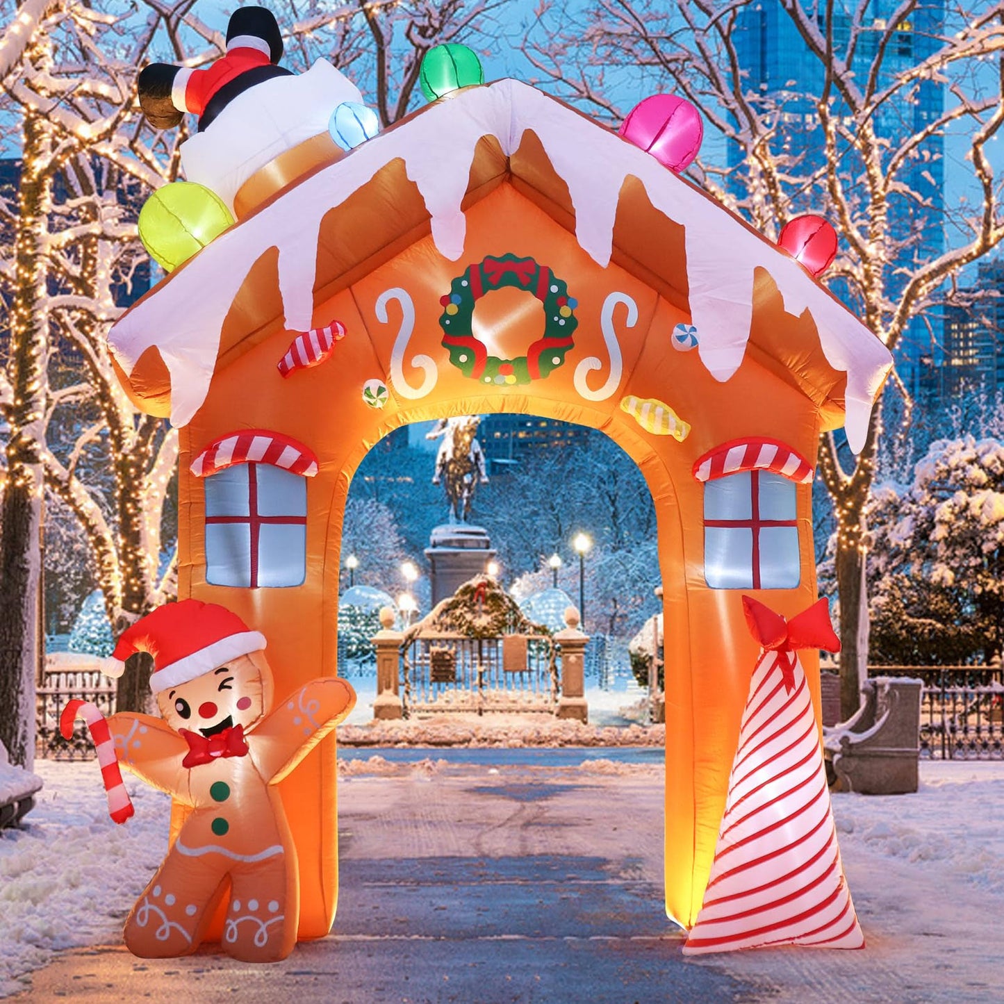 10 Ft Christmas Inflatables Decorations Outdoor, Built-In Colorful Leds Xmas Blow Up Archway Decoration With Gingerbread Man, Candy, Santa Claus For